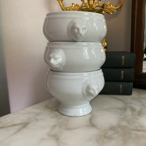 Set Of 3 Cordon Bleu White Lion Head Porcelain Soup Bowls Bowl French - Picture 2 of 4